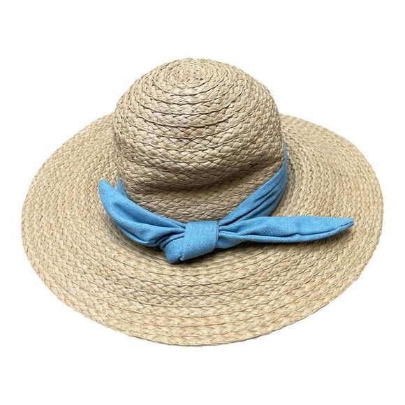 Vince Camuto Tan Straw Sun Hat with Blue Ribbon Size S/M - Picture 1 of 6